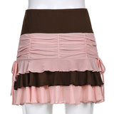 Nukty Y2K Aesthetic Pleated Skirts Women Low Waist Ruffles Mini Skirt Patchwork Pink Mesh Cute Kawaii Brown Bodycon Vintage Clothes