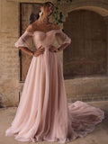 Elegant A-Line Rose Pink Prom Dresses Puff Sleeve Off The Shoulder Backless Soft Tulle For Women Party Gown Sweep Recommend