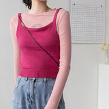 Nukty Y2K Sexy Transparent Green Tops Cropped Hot Summer Long Sleeve Knit Beach Top Tees Slim Clothes Casual Club Streetwear