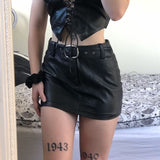 Nukty Harajuku Pu Leather Black Skirt With Sashes y2k Grunge Mall Goth Low Waisted Mini Skirt Women E-girl Punk Korean Streetwear