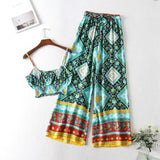 Boho Vintage Pattern Print Women 2 Piece Set Spring Midriff Baring Wide Leg Pant Retro Chic Beach Vacation Women Set