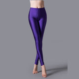 Nukty Women Solid Color Pants Leggings Shinny Elasticity Casual Trousers Fluorescent Spandex Candy Ankle-Length Knitted Bottom