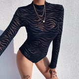 Nukty Black Mesh Transparent Sexy Bodysuit Long Sleeve Slim Skinny Stripe Mock Neck Casual Rompers Women Lady Party Club Body