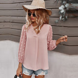 Spring New Chiffon Top Women Casual Solid Holiday Style Pullover Shirt V Neck Full Sleeve Ladies Blouse