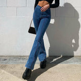 Spring Autumn Sexy High Rise Straight Panelled Denim Jeans Wide Leg Streetwear Casual Dark Blue Women's Long Skinny Pants