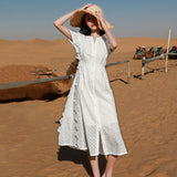 Vintage Women's Dresses Hollow Flower Embroidery V-Neck Puff Sleeve Midi Dress Bow Lace-Up Bohemian Prom Dress White