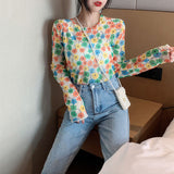 Nukty Angel Print Sheer Blue Black Mesh Long Sleeve Blouse Shirts Women Spring Summer Pullovers Elegant Sexy See Through Tops