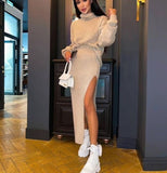 Retro Knitted Two Piece Set Women Skirt And Top Pullover Winter Autumn Long Sleeve Skirts Sets Female Turtleneck Midi Dress Suit