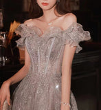 Nukty Elegant Gray Flowers Evening dress Off Shoulder Shiny Sequin Lace A-line Ruched Lace up Woman Formal Party Prom Gowns New