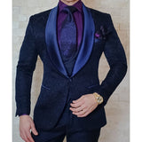 Nukty Navy Blue Floral Jacquard Men Suits Slim Fit with Shawl Lapel 3 Piece Custom Wedding Tuxedo for Groomsmen Male Fashion Costume