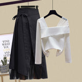Nukty Women Sets Mesh Patchwork Slash Neck Tops + Asymmetric Skirt 2 Piece Suit Female Party Suits Elegant Casual Two Piece Set