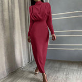 Autumn Dress Women Fashion Turtleneck Long-sleeved Vintage Shoulder Pad Dress Female Office Ladies Solid Dress Elegant Party