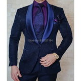 Nukty Navy Blue Floral Jacquard Men Suits Slim Fit with Shawl Lapel 3 Piece Custom Wedding Tuxedo for Groomsmen Male Fashion Costume