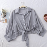 Nukty Chiffon Shirts Women Summer Half Sleeve Buttoned Up Shirt Loose Casual Blouse Tied Waist Elegant Blouses For Women