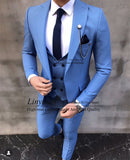 Nukty Fashion Men Suits Blue Groom Tuxedo Slim Fit Groomsmen Wedding Blazer Blue Prom Banquet 3 Piece Terno Masculino Jacket+Pant+Vest