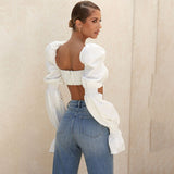 White Pleated Sexy Top T Shirt Women Long Flared Sleeve Bandage Tshirt Short Summer T-shirt Femme