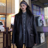 Nukty Korean Black Leather Moto Jacket Vintage Warm Female Loose Leather Suit Blazers Streetwear Fashion Women's Winter Coat New