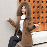 Medium Long Hooded Parka With Fur Collar Winter Jackets For Women Casual Cotton Liner Coat Adjustable Waist