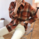 Nukty Female Autumn Street Blouse Shirts Vintage Oversized Plaid Flannel Boyfriend Tunic Shirt for Women Casual Korean Tops