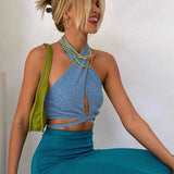 Nukty Women Y2k Corset Camisole Cropped Bustier Top Fashion Solid Vest Summer Sexy Halter Lace-up Streetwear Slim Fit Basic Tees