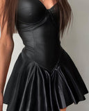 Nukty Ladies Clothes Sexy Club Spaghetti Strap Lace Up PU Leather Eyelet Mini Pleated Dress Women Black Wrap A-Line Gowns Clubwear CHUDAN