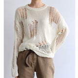 Autumn New Korean Style Long-sleeved Sexy Hole Sweater Asymmetric Hem Loose Pullover Hollow Out Thin Knit Sweater Jumper Tops