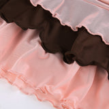 Nukty Y2K Aesthetic Pleated Skirts Women Low Waist Ruffles Mini Skirt Patchwork Pink Mesh Cute Kawaii Brown Bodycon Vintage Clothes