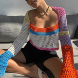 Knitted Crop Top Women Beach Y2K T Shirts Sexy Summer Tee Female Patchwork Hollow Out Tops Vintage Casual Fashion Streetwear