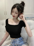 OUMEA Women Off Shoulder Rib Crop Top Summer Skinny Lettuce Edge Slash Neck Short Top Square Neck Beach Casual Sexy Slim Tops