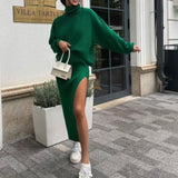 Retro Knitted Two Piece Set Women Skirt And Top Pullover Winter Autumn Long Sleeve Skirts Sets Female Turtleneck Midi Dress Suit