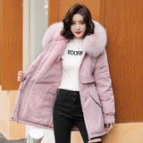 Medium Long Hooded Parka With Fur Collar Winter Jackets For Women Casual Cotton Liner Coat Adjustable Waist