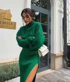 Retro Knitted Two Piece Set Women Skirt And Top Pullover Winter Autumn Long Sleeve Skirts Sets Female Turtleneck Midi Dress Suit