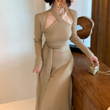 Nukty Autumn Korea Elegant Dress Set Women Slim Retro Casual Party Vintage 2 Piece Suit France One-piece Dress + Long Sleeve Top