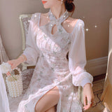 Nukty Elegant Vintage Cheongsam Dress Women Patchwork Floral Korean Split Party Dress Lady Casual Design Long Sleeve Fairy Midi Dress