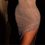 Nukty See Through Prom Dresses Beadings High Side Split One Shoulder Ankle Length A-line Evening Gown
