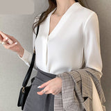 Nukty New Chiffon White V-neck Women's Blouses Long Sleeve Spring High Street Shirt Ladies Top Chemisier S-XXL Solid Color