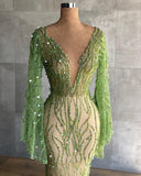 Nukty Bling Bling Green Beaded Sequined Mermaid Evening Dresses With Flare Sleeves Luxury Long Evening Gowns Dubai Formal Dress