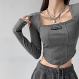 Nukty American Style Brown Cropped Top Women Fashion Skinny Sexy Long Sleeve T Shirts Female Casual Square Neck Tees