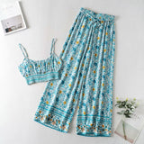 Boho Vintage Pattern Print Women 2 Piece Set Spring Midriff Baring Wide Leg Pant Retro Chic Beach Vacation Women Set