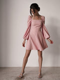 Women Puff Sleeve Casual Mini Dress Square Neck Backless Slim A-line Party Dress Female Vintage Elegant Pink Dresses Spring