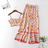 Boho Vintage Pattern Print Women 2 Piece Set Spring Midriff Baring Wide Leg Pant Retro Chic Beach Vacation Women Set