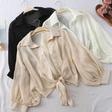 Nukty Chiffon Shirts Women Summer Half Sleeve Buttoned Up Shirt Loose Casual Blouse Tied Waist Elegant Blouses For Women