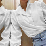 Nukty Elegant Turtleneck Blouse Long Sleeve White Shirt Office Ladies Top Casual Solid Single-Breasted Puff Sleeve Womens Blouses