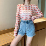 Nukty Angel Print Sheer Blue Black Mesh Long Sleeve Blouse Shirts Women Spring Summer Pullovers Elegant Sexy See Through Tops
