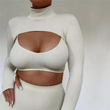Sexy Knitted Turtleneck Short Top Women Fashion Long Sleeve Streetwear Tshirts  White Tees