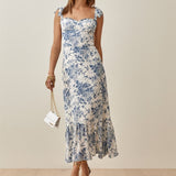 Nukty Summer New Lace Up Bowknot Strap High Waist French Vintage Printed Ruffle Dress Female Fashion Midi Dresses Women