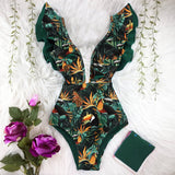 Nukty New Sexy Ruffle Print Floral One Piece Swimsuit Off The Shoulder Swimwear Women Solid Deep-V Beachwear Bathing Suit Monkini