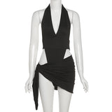 Nukty Y2K Summer New Halter Strap V-Neck Casual Backless Sexy Women's Clothes Basic Bodysuits 2 Piece Beach Mini Dress
