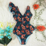 Nukty New Sexy Ruffle Print Floral One Piece Swimsuit Off The Shoulder Swimwear Women Solid Deep-V Beachwear Bathing Suit Monkini