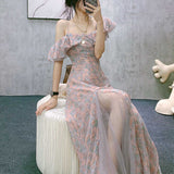 Nukty Vintage Chiffon Midi Dress Women Floral Print Design Korean Party Split Dress Female Summer Evening Beach Boho Dress Casual